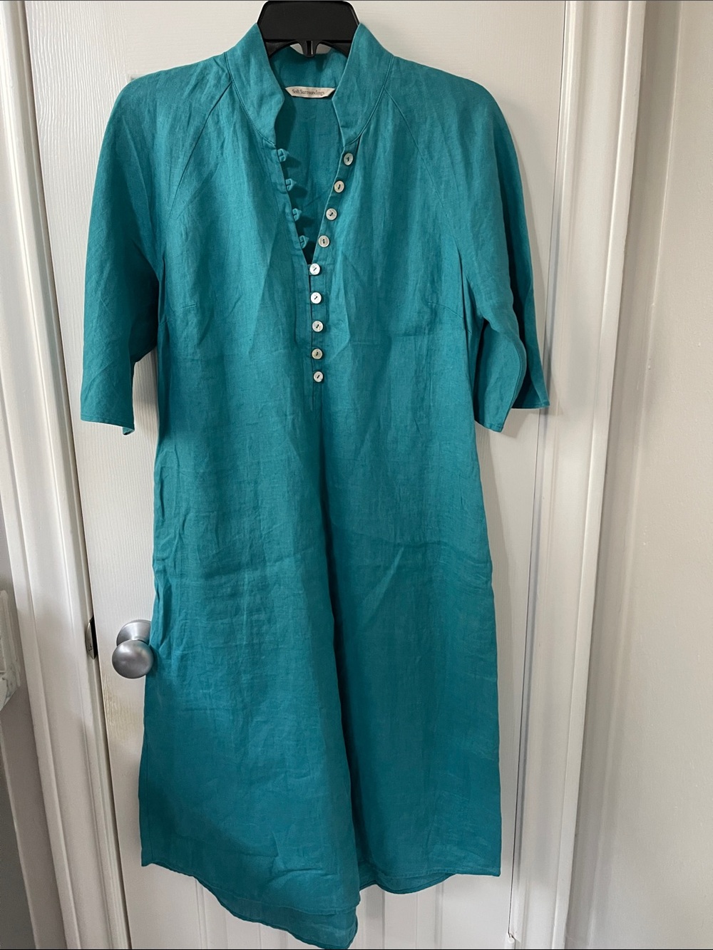Soft Surroundings Teal Button-Front Linen Tunic Dress